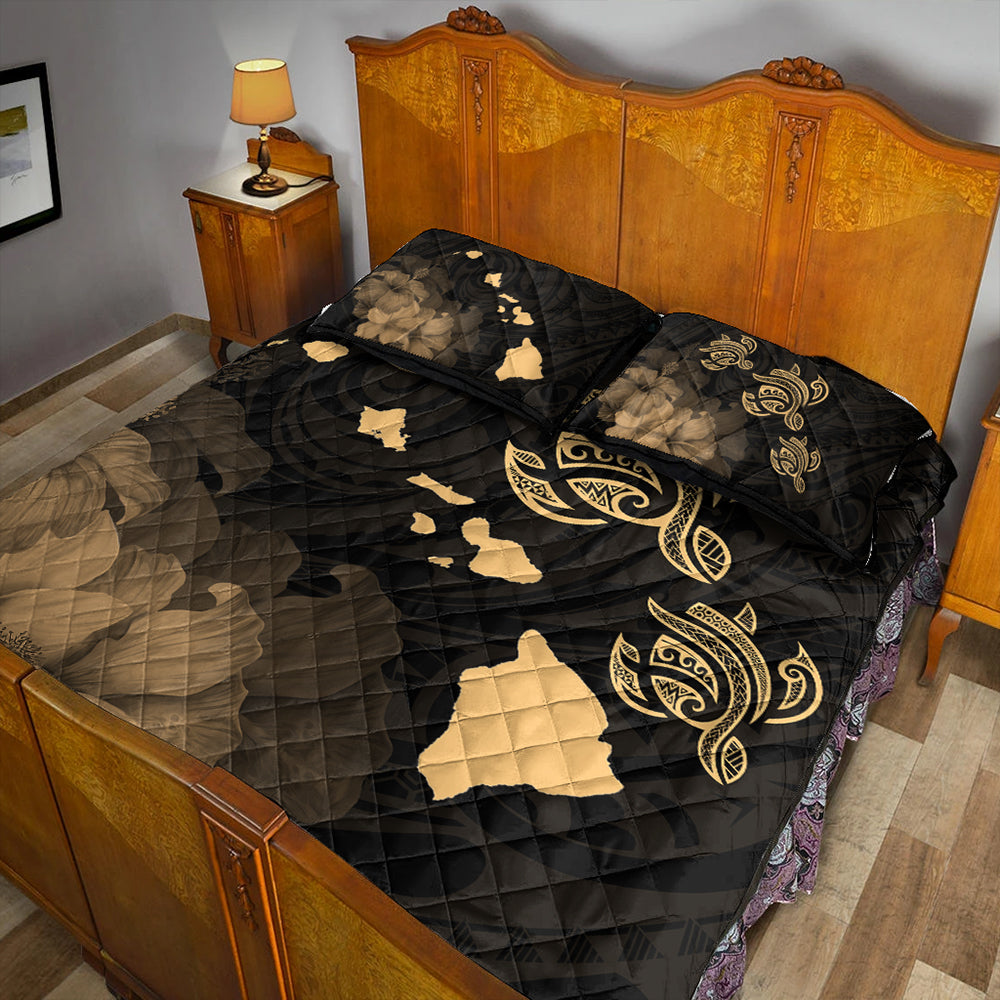 Hawaii Quilt Bed Set Turtle Hibiscus Map Polynesian Family Gold