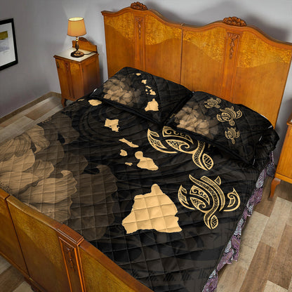 Hawaii Quilt Bed Set Turtle Hibiscus Map Polynesian Family Gold