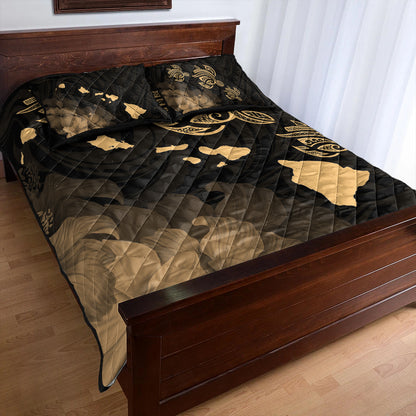 Hawaii Quilt Bed Set Turtle Hibiscus Map Polynesian Family Gold