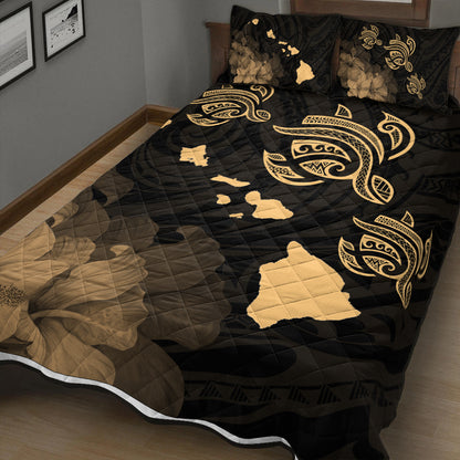 Hawaii Quilt Bed Set Turtle Hibiscus Map Polynesian Family Gold