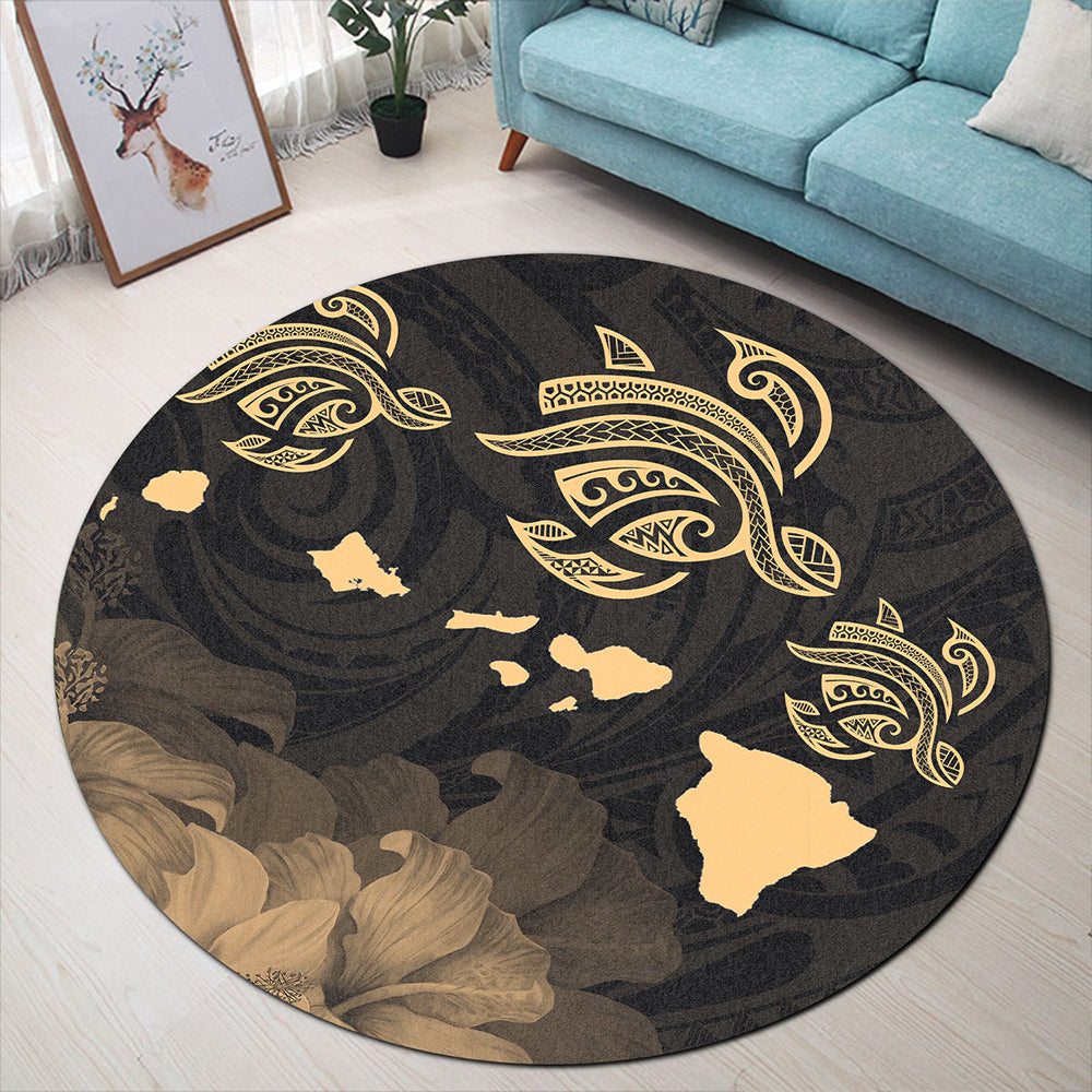 Hawaii Round Rug Turtle Hibiscus Map Polynesian Family Gold | Polynesian.co