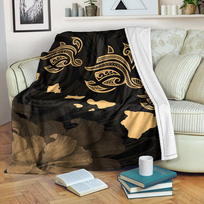 Hawaii Premium Blanket Turtle Hibiscus Map Polynesian Family Gold