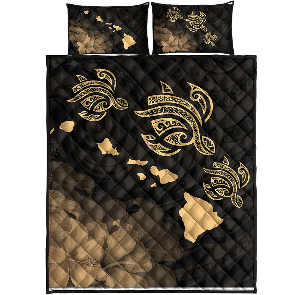 Hawaii Quilt Bed Set Turtle Hibiscus Map Polynesian Family Gold
