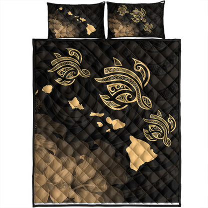 Hawaii Quilt Bed Set Turtle Hibiscus Map Polynesian Family Gold