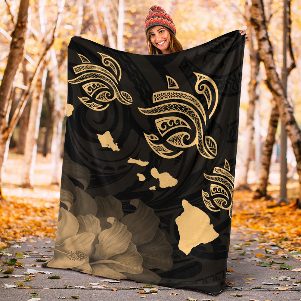 Hawaii Premium Blanket Turtle Hibiscus Map Polynesian Family Gold