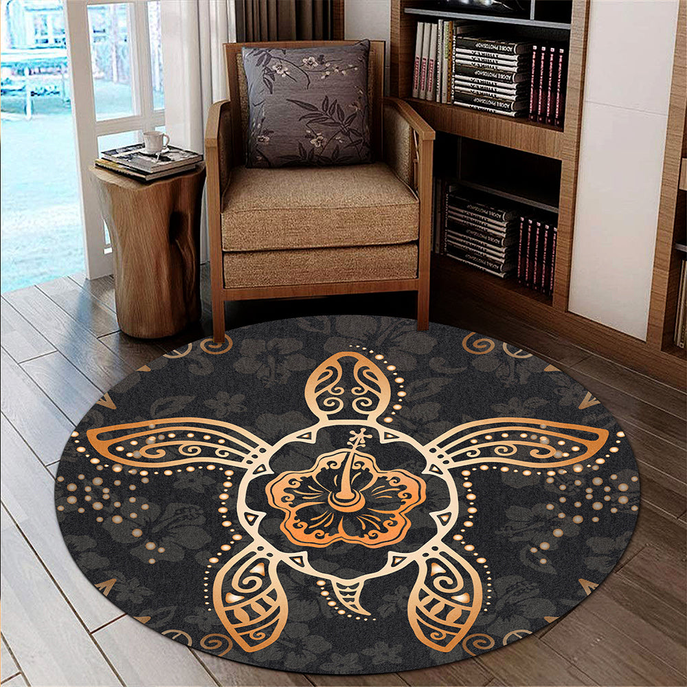 Hawaii Round Rug Turtle Hibiscus Orange