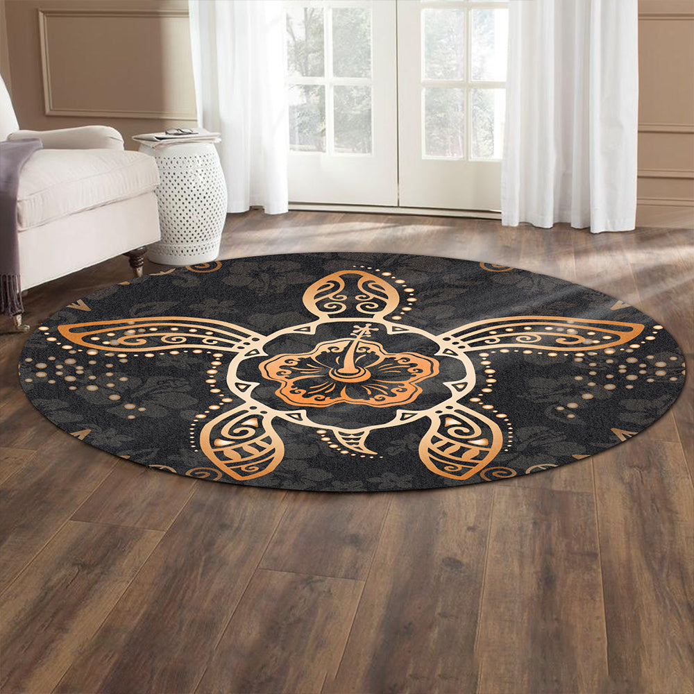 Hawaii Round Rug Turtle Hibiscus Orange