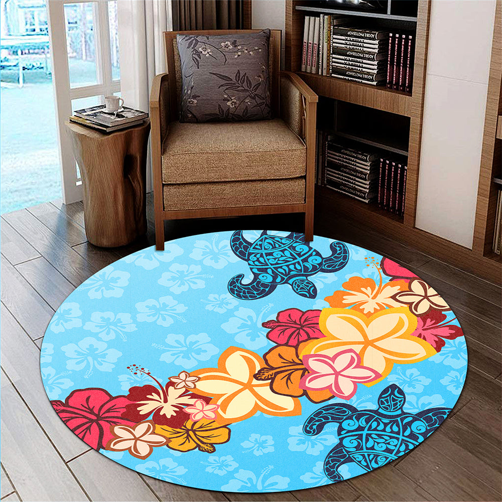 Hawaii Round Rug Turtle Hibiscus Pattern Blue