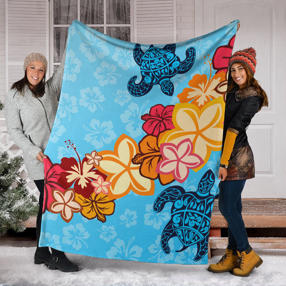 Hawaii Premium Blanket Turtle Hibiscus Pattern Blue