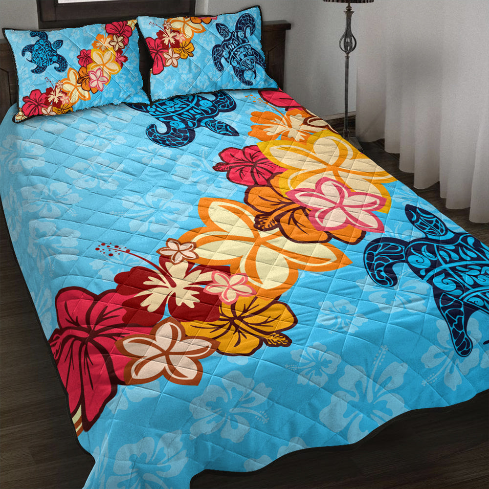 Hawaii Quilt Bed Set Turtle Hibiscus Pattern Blue
