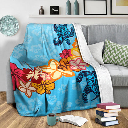 Hawaii Premium Blanket Turtle Hibiscus Pattern Blue