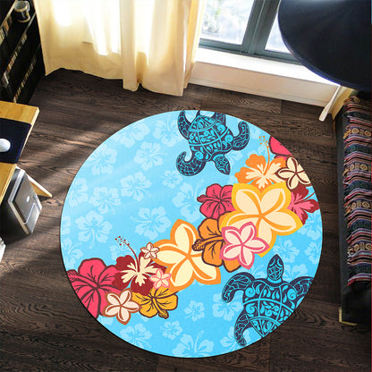 Hawaii Round Rug Turtle Hibiscus Pattern Blue