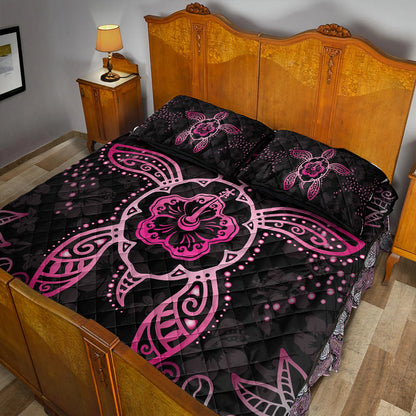 Hawaii Quilt Bed Set Turtle Hibiscus Pink
