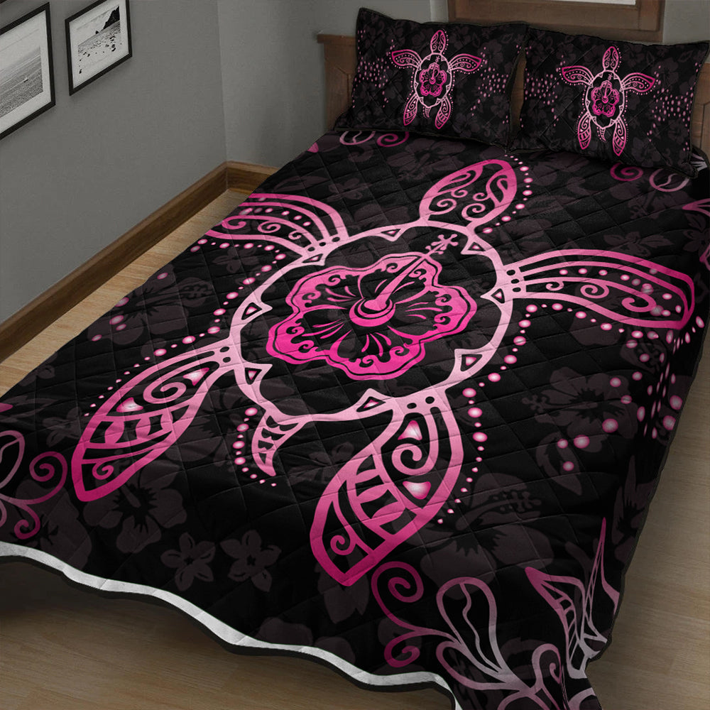 Hawaii Quilt Bed Set Turtle Hibiscus Pink