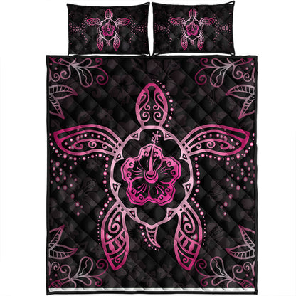 Hawaii Quilt Bed Set Turtle Hibiscus Pink