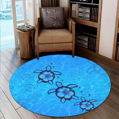 Hawaii Round Rug Turtle Hibiscus Swim In Sea