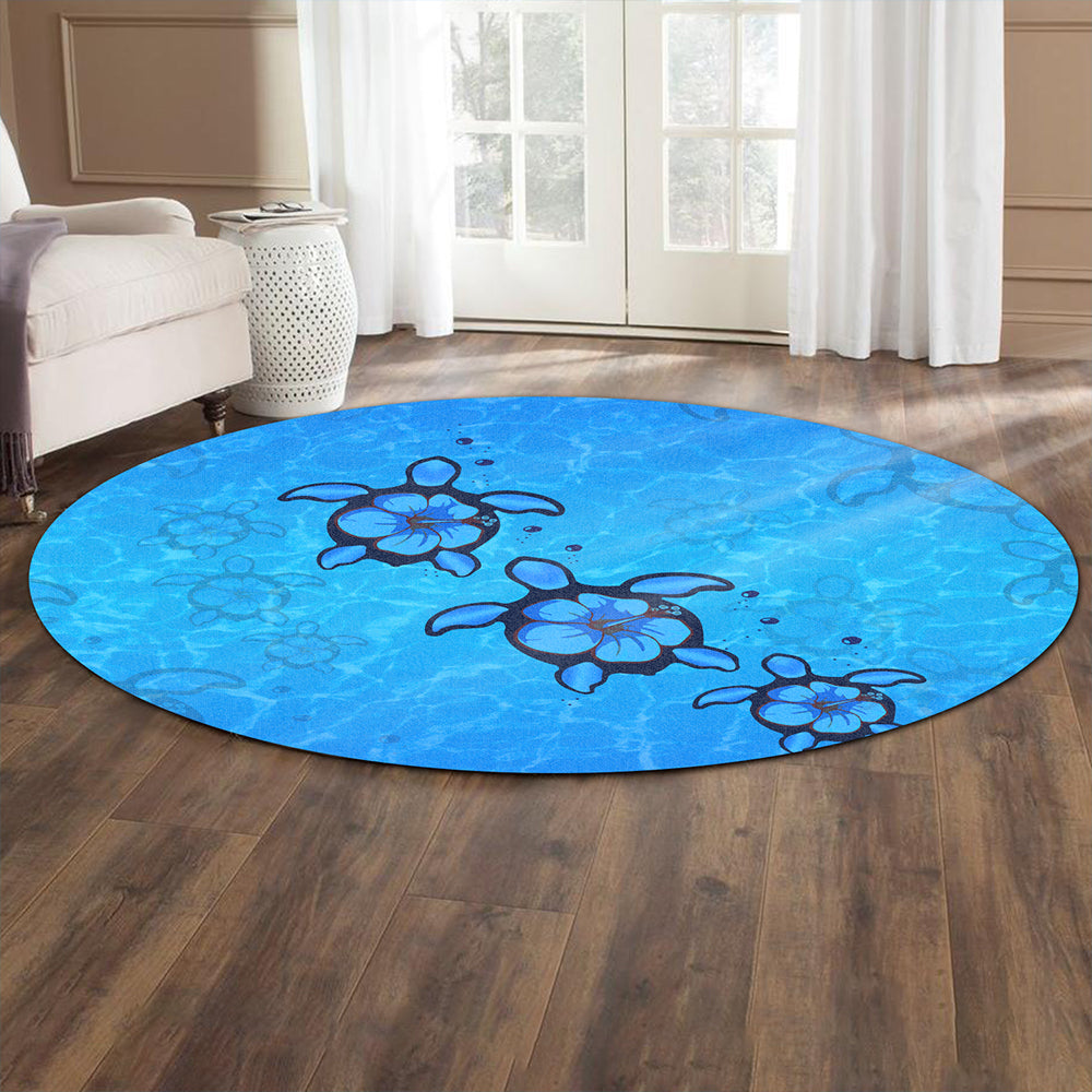 Hawaii Round Rug Turtle Hibiscus Swim In Sea