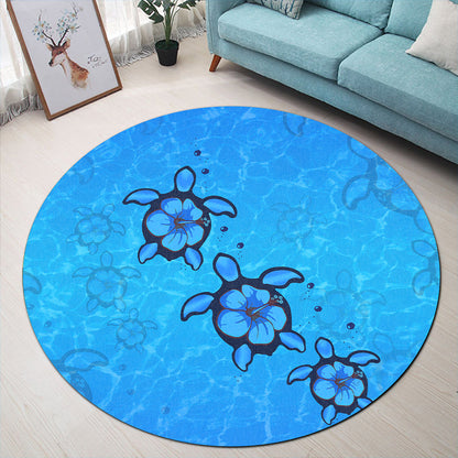 Hawaii Round Rug Turtle Hibiscus Swim In Sea