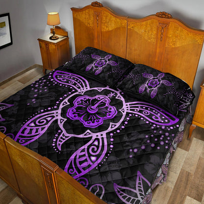 Hawaii Quilt Bed Set Turtle Hibiscus Violet
