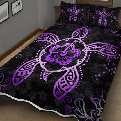 Hawaii Quilt Bed Set Turtle Hibiscus Violet