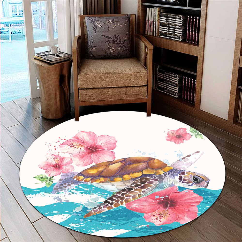 Hawaii Round Rug Turtle Hibiscus Waves Polynesian