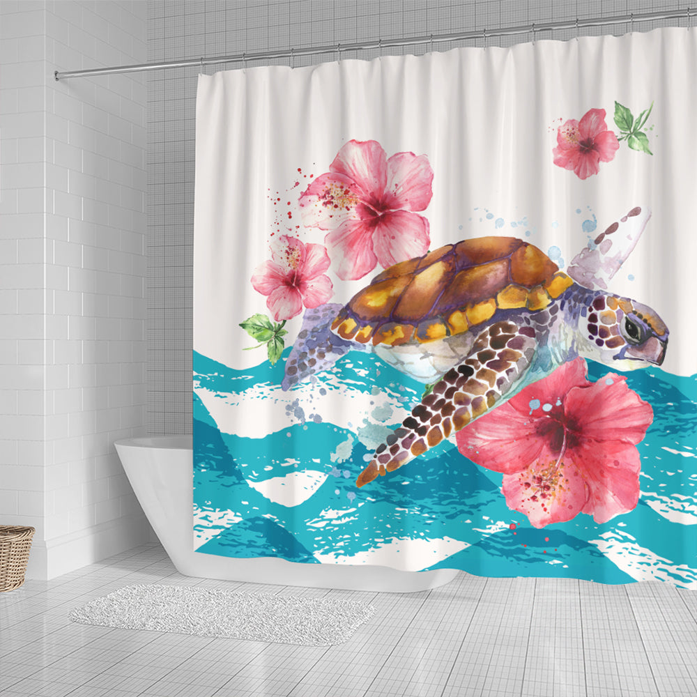 Hawaii Shower Curtain Turtle Hibiscus Waves Polynesian