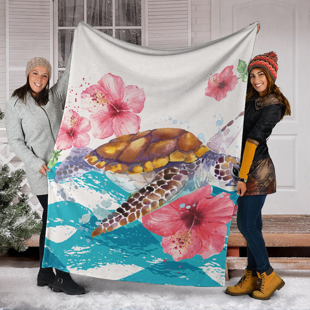 Hawaii Premium Blanket Turtle Hibiscus Waves Polynesian