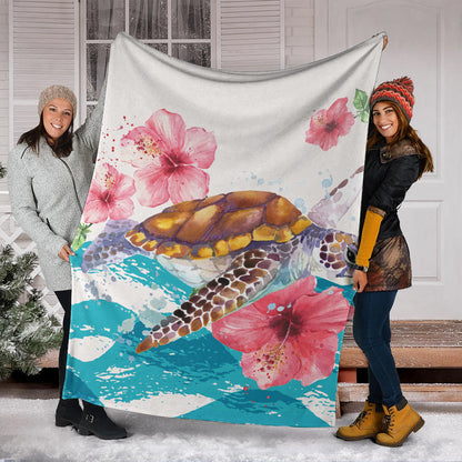 Hawaii Premium Blanket Turtle Hibiscus Waves Polynesian