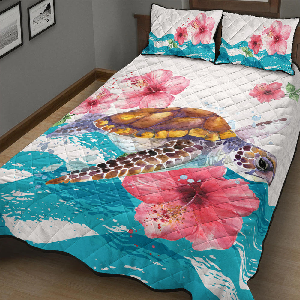 Hawaii Quilt Bed Set Turtle Hibiscus Waves Polynesian