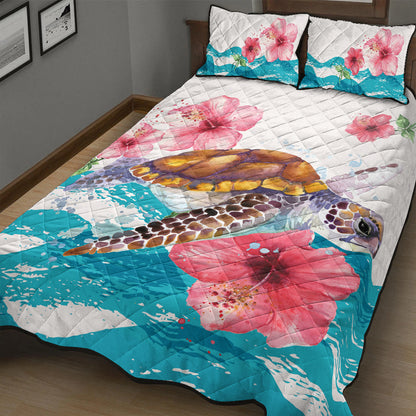 Hawaii Quilt Bed Set Turtle Hibiscus Waves Polynesian