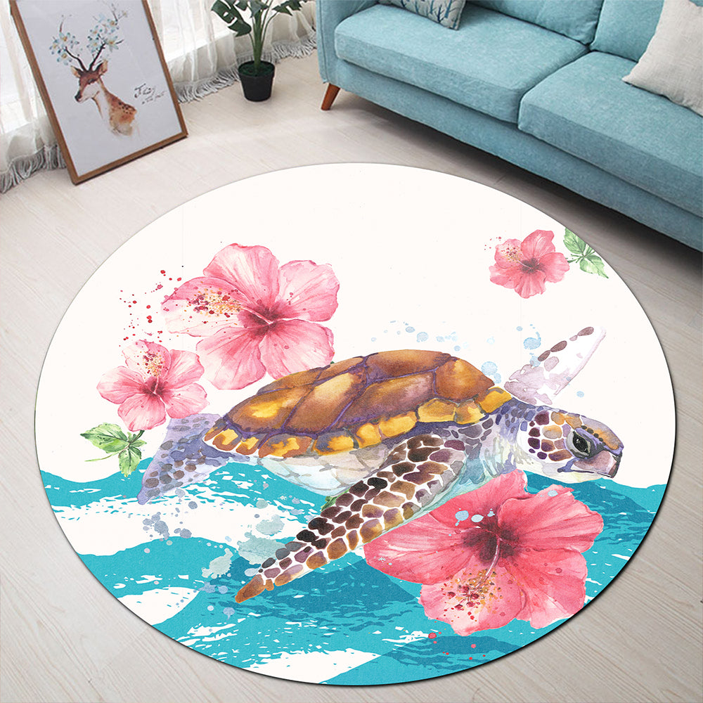 Hawaii Round Rug Turtle Hibiscus Waves Polynesian