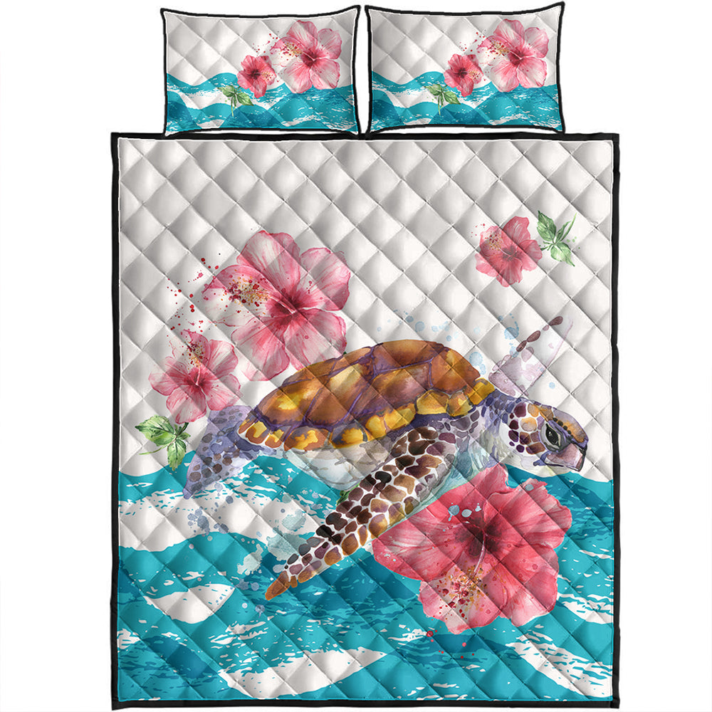 Hawaii Quilt Bed Set Turtle Hibiscus Waves Polynesian