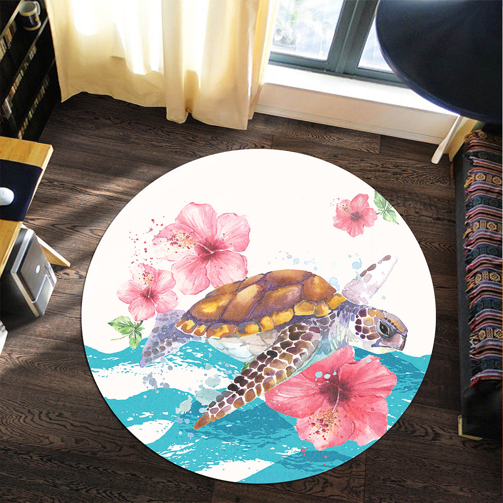 Hawaii Round Rug Turtle Hibiscus Waves Polynesian