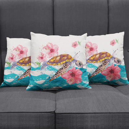 Hawaii Pillow Cover Turtle Hibiscus Waves Polynesian