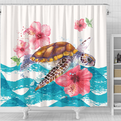 Hawaii Shower Curtain Turtle Hibiscus Waves Polynesian