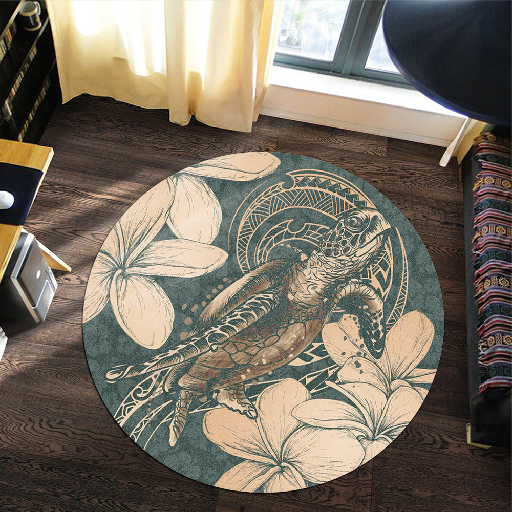 Hawaii Round Rug Turtle Map Plumeria Hibiscus Floral