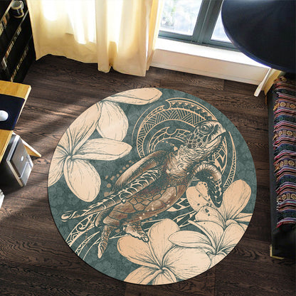 Hawaii Round Rug Turtle Map Plumeria Hibiscus Floral