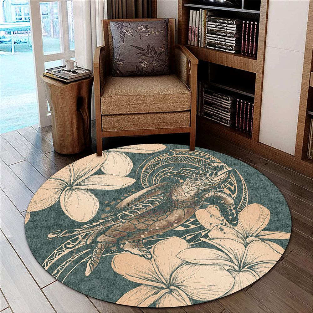 Hawaii Round Rug Turtle Map Plumeria Hibiscus Floral