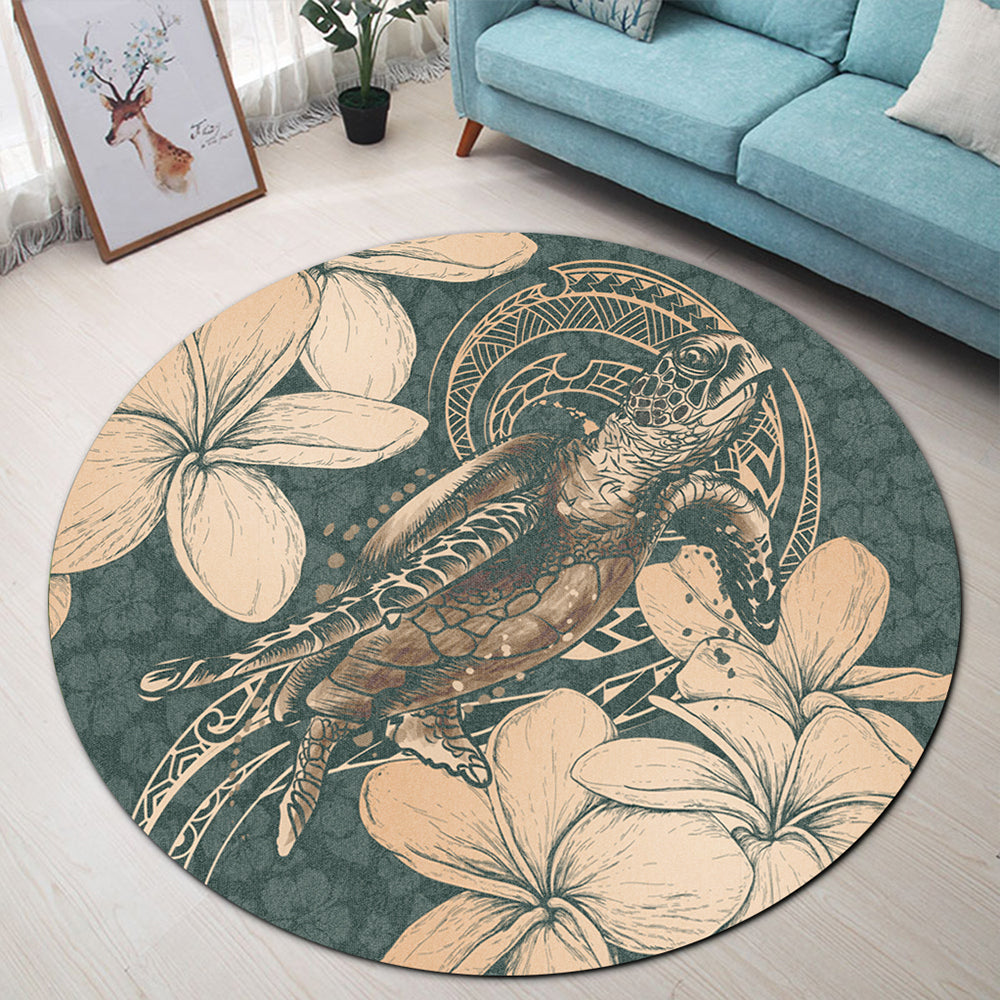 Hawaii Round Rug Turtle Map Plumeria Hibiscus Floral