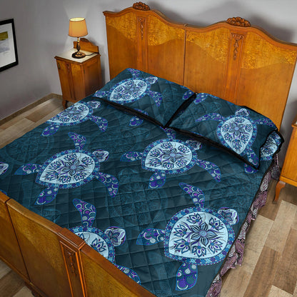 Hawaii Quilt Bed Set Turtle Plumeria Blue