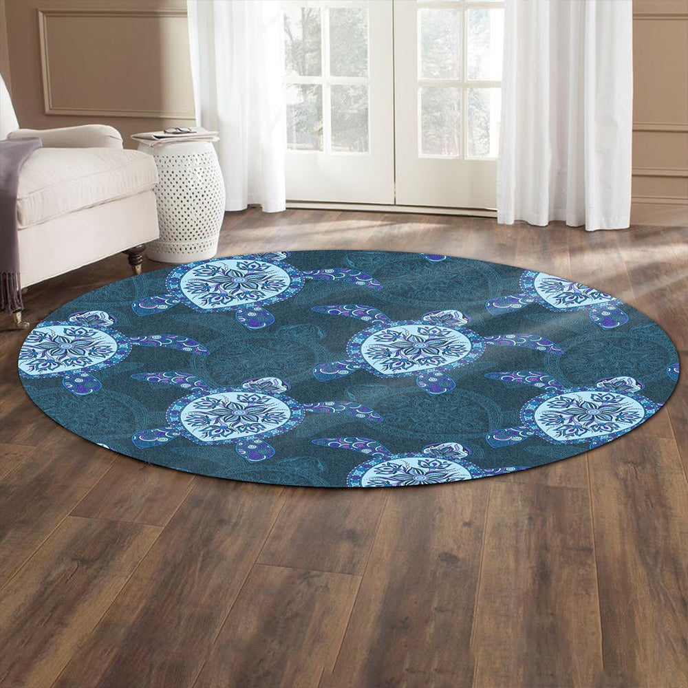 Hawaii Round Rug Turtle Plumeria Blue