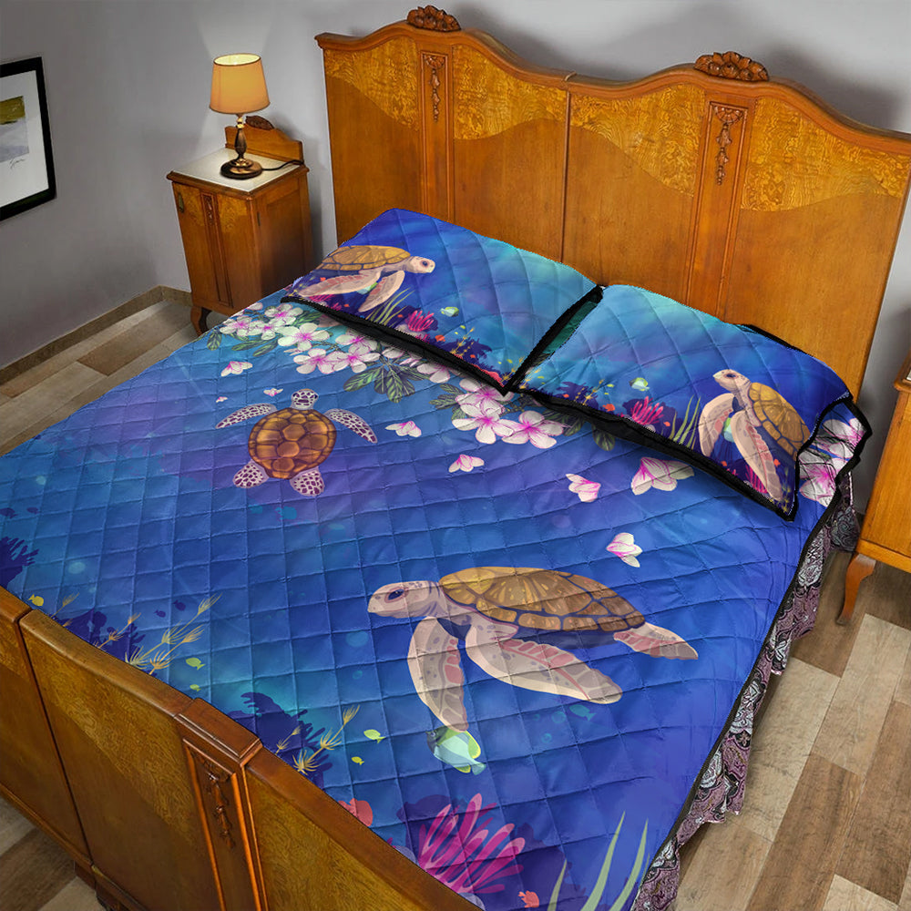 Hawaii Quilt Bed Set Turtle Plumeria Ocean