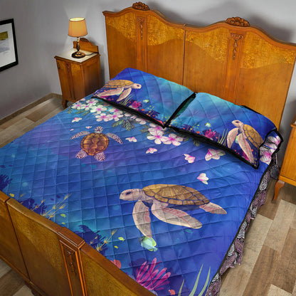 Hawaii Quilt Bed Set Turtle Plumeria Ocean