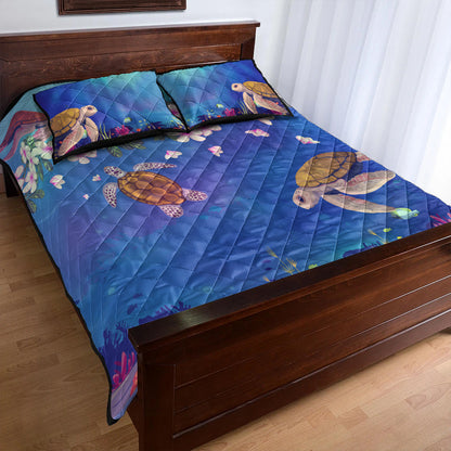 Hawaii Quilt Bed Set Turtle Plumeria Ocean