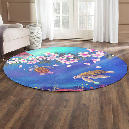 Hawaii Round Rug Turtle Plumeria Ocean