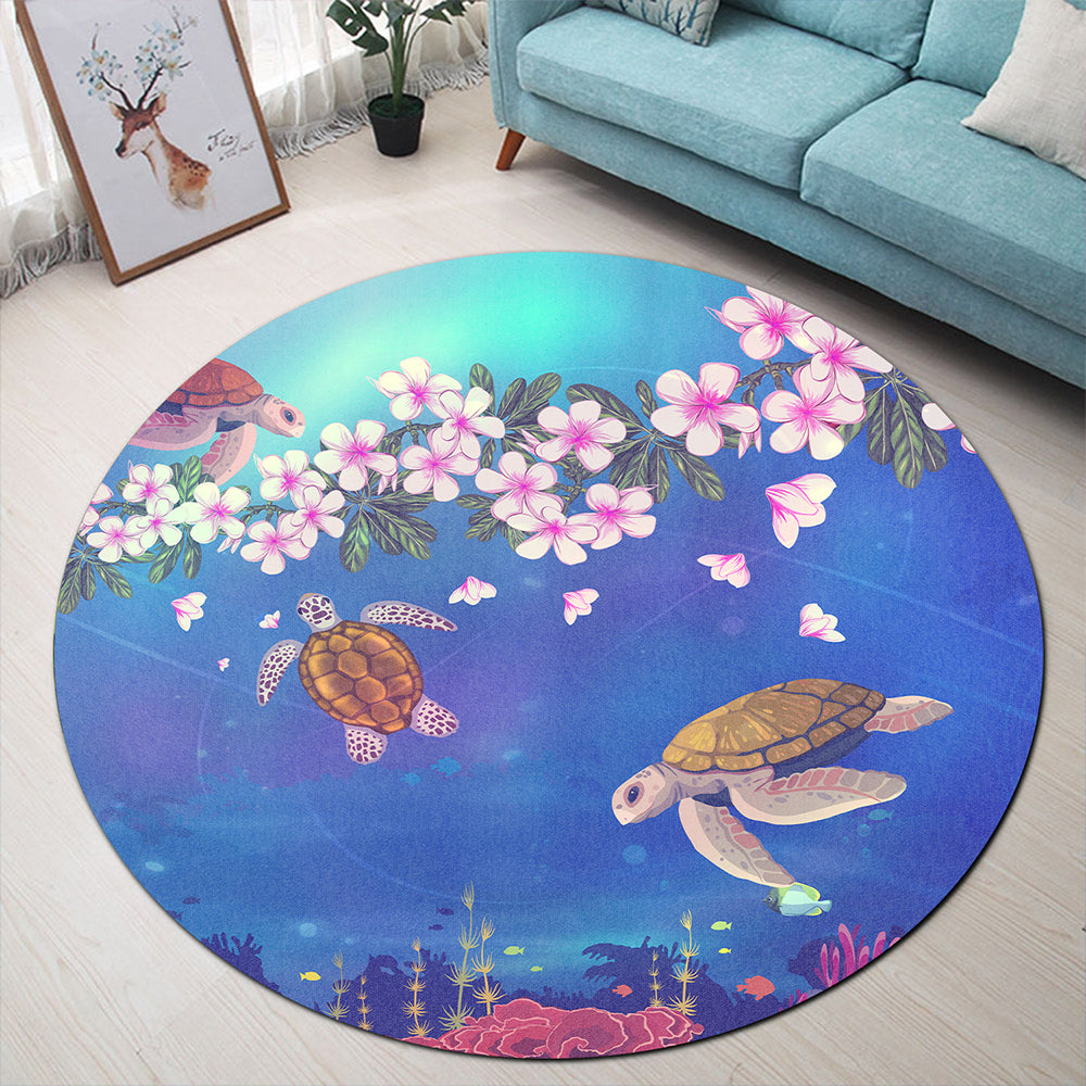 Hawaii Round Rug Turtle Plumeria Ocean