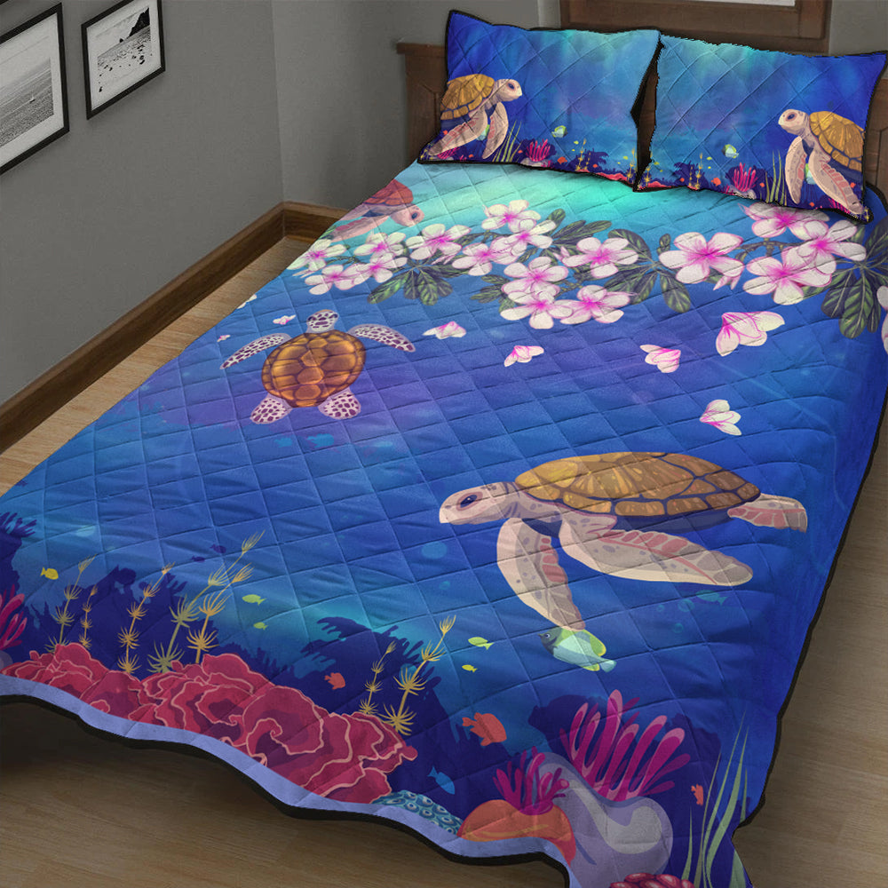 Hawaii Quilt Bed Set Turtle Plumeria Ocean