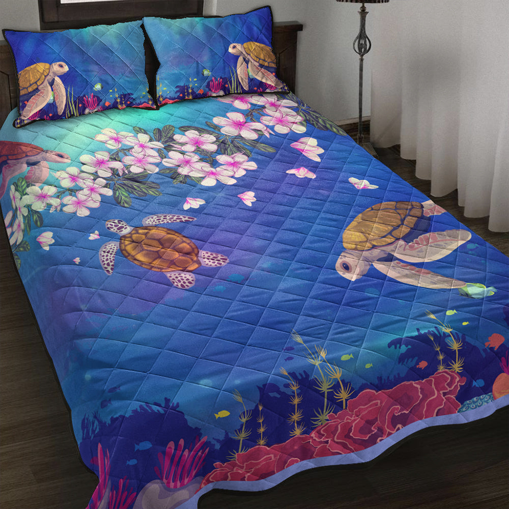 Hawaii Quilt Bed Set Turtle Plumeria Ocean