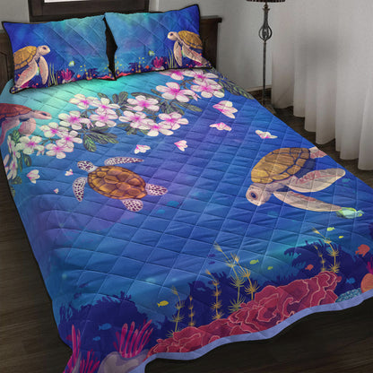 Hawaii Quilt Bed Set Turtle Plumeria Ocean