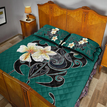 Hawaii Quilt Bed Set Turtle Poly Trinal Plumeria Turquoise